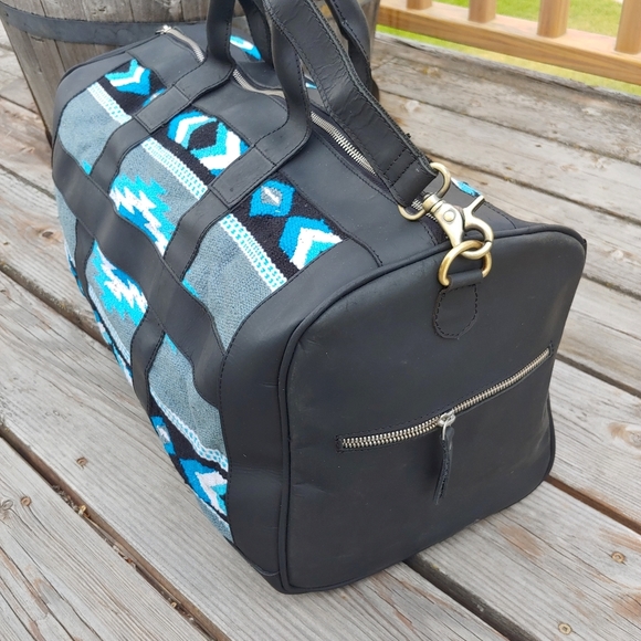 Handmade Saddle Blanket leather duffel bag black turquoise travel boho - Picture 7 of 12